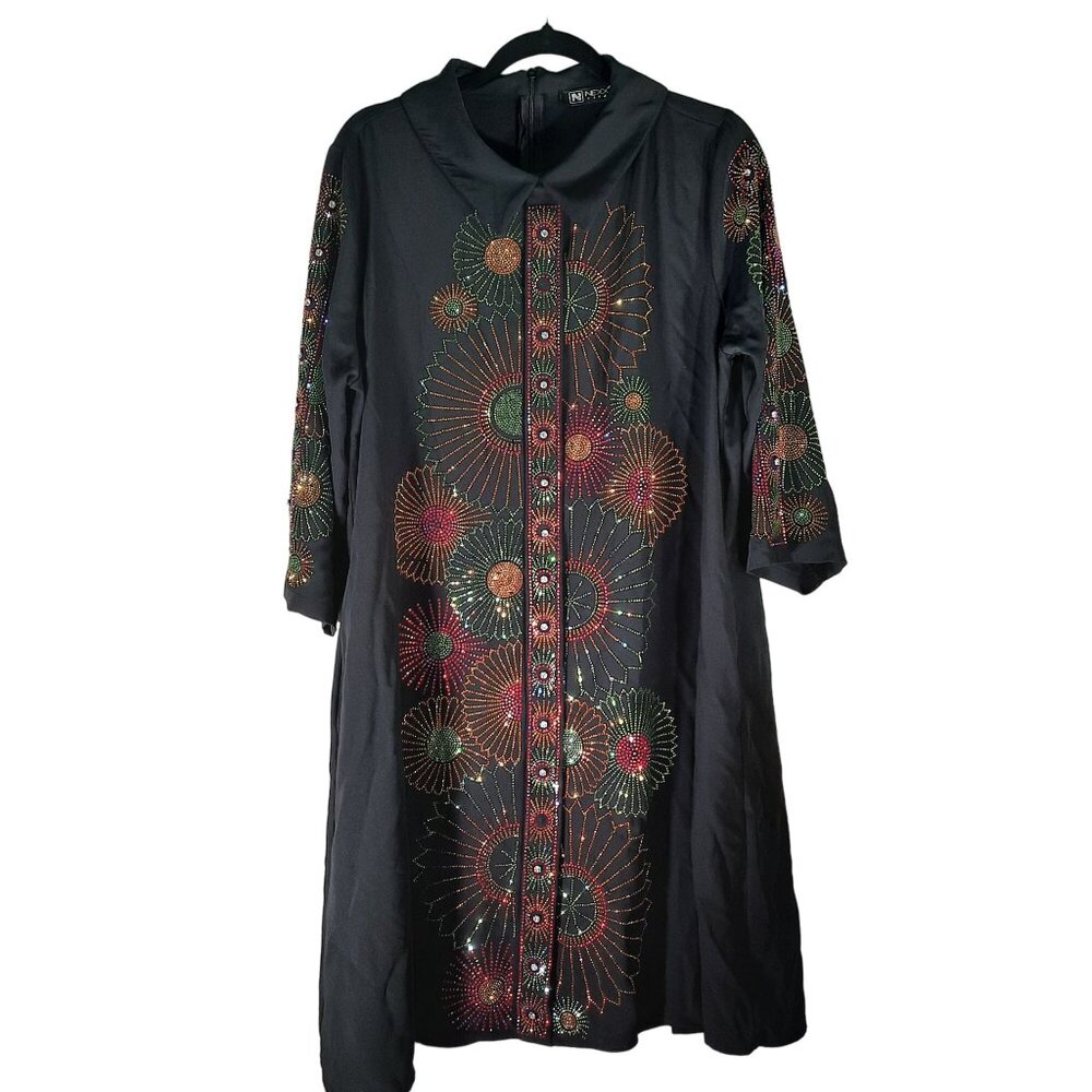 NEXX New York Life Size 48 Women's Black Rhinestone Dress Half Sleeve - Picture 3 of 16